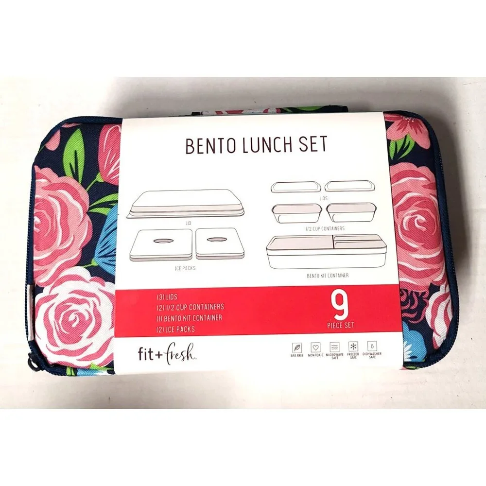 Fit & Fresh Bento Lunch Set 9 Pc Floral w 2 Ice Packs Insulated Zip Bag NEW